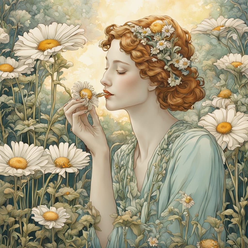 Art Nouveau Woman Biting Daisy in Flower Field
