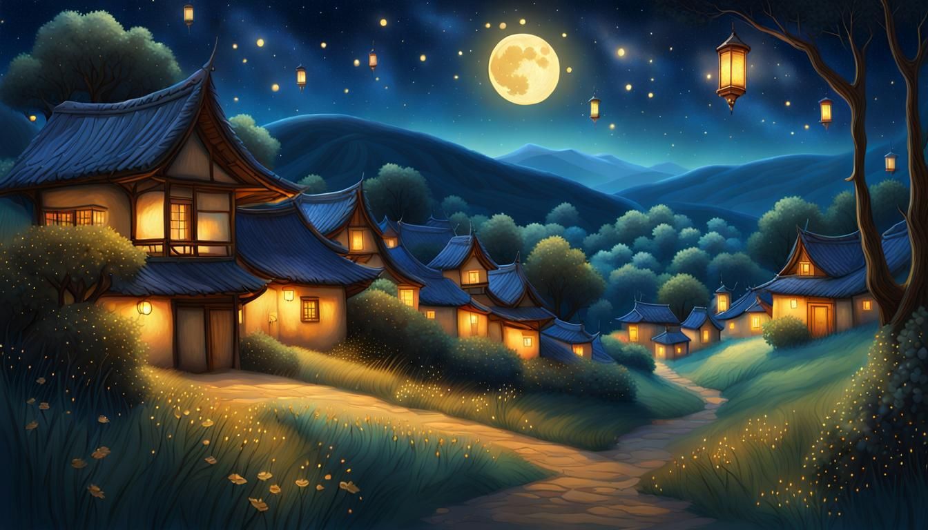 Village Under Starry Night Sky in Mythic Realism