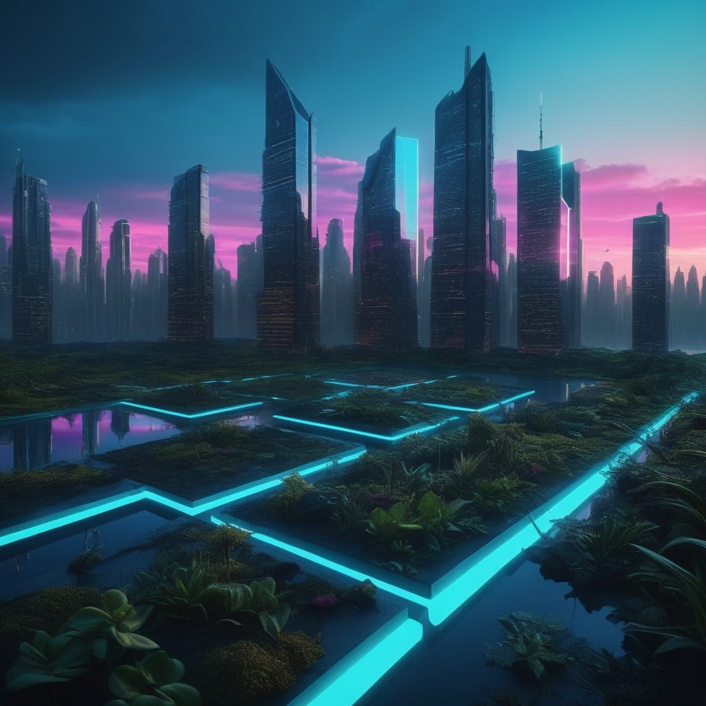 Futuristic Eco-Art Cityscape at Dusk in Digital Painting Sty...
