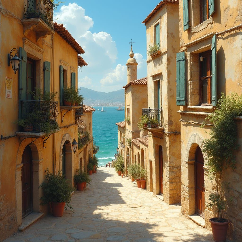 Medieval Sea Port Scene in Vibrant Colors