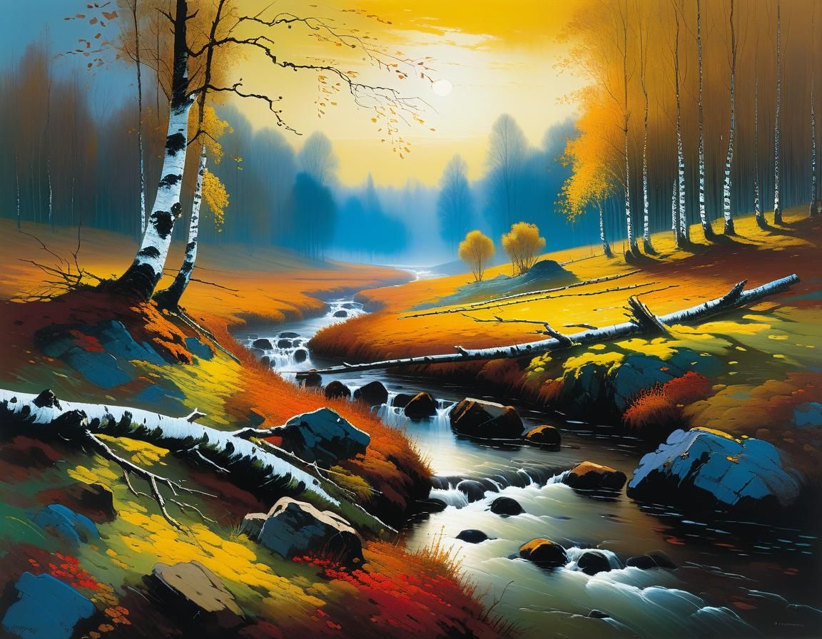 Sunlit Stream Through Autumn Birch Forest