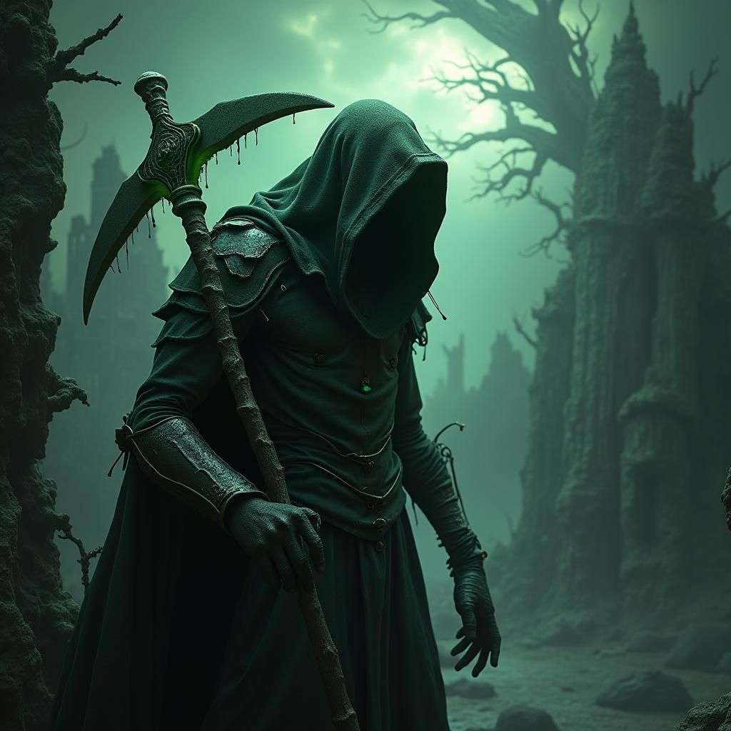 Tattered Reaper in Gothic Ruins: Digital Art Portrait