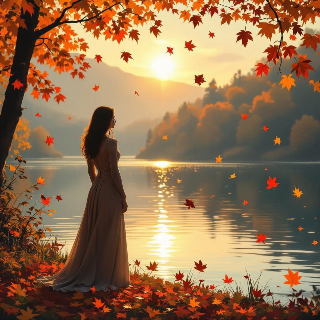 Woman by Lake in Autumn Light, Romantic and Futuristic