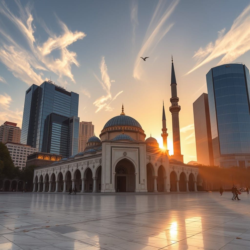 Grand Mosque at Sunset in a Bustling City