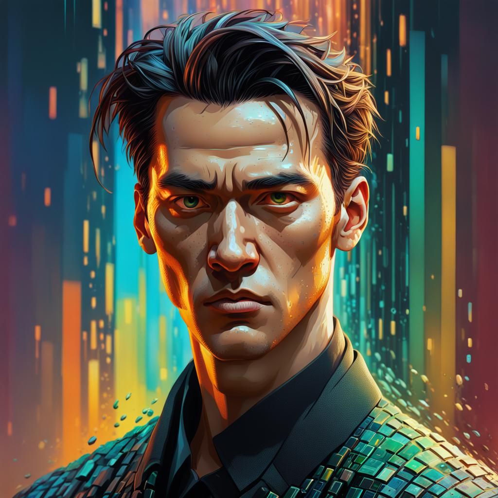 Hyperrealistic Young Man Portrait in Matrix Style