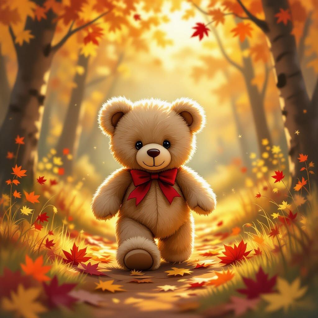 Teddy Bear's Autumn Forest Adventure in Storybook Style