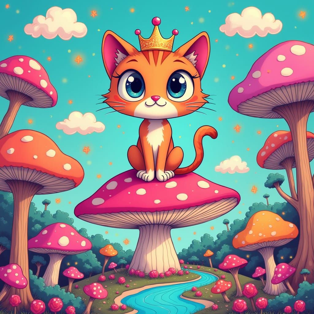 Surreal Cartoon Cat Reigns in a Bright Candy Kingdom
