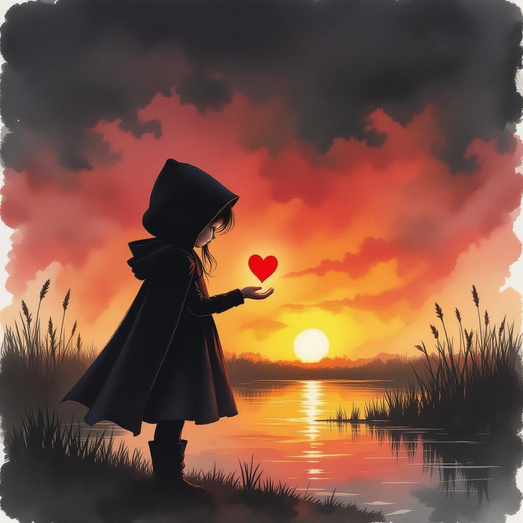 Girl with Red Heart in Moody Sunset Marsh
