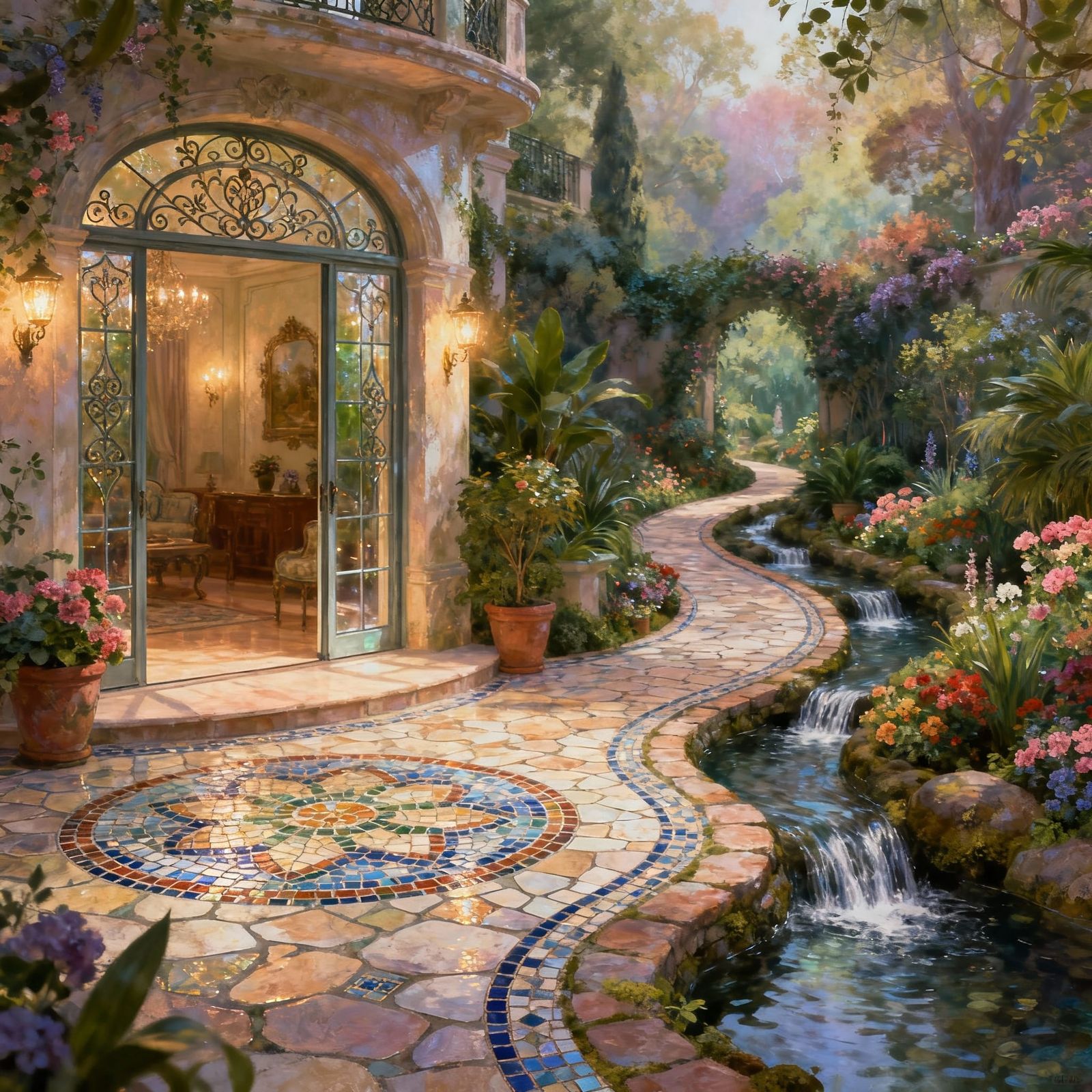 Secret Garden with Mosaic Floors and Waterfalls