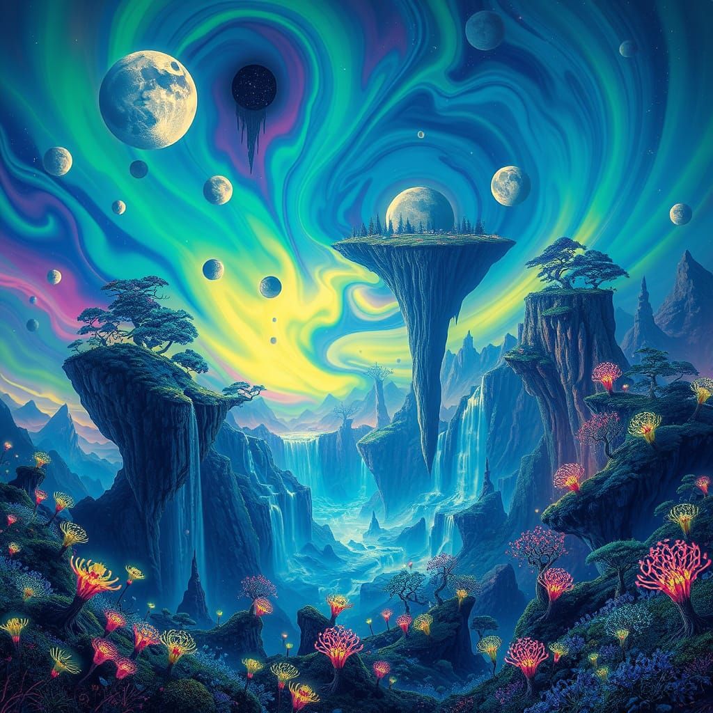 Dreamlike Landscape With Floating Islands and Crystal Trees