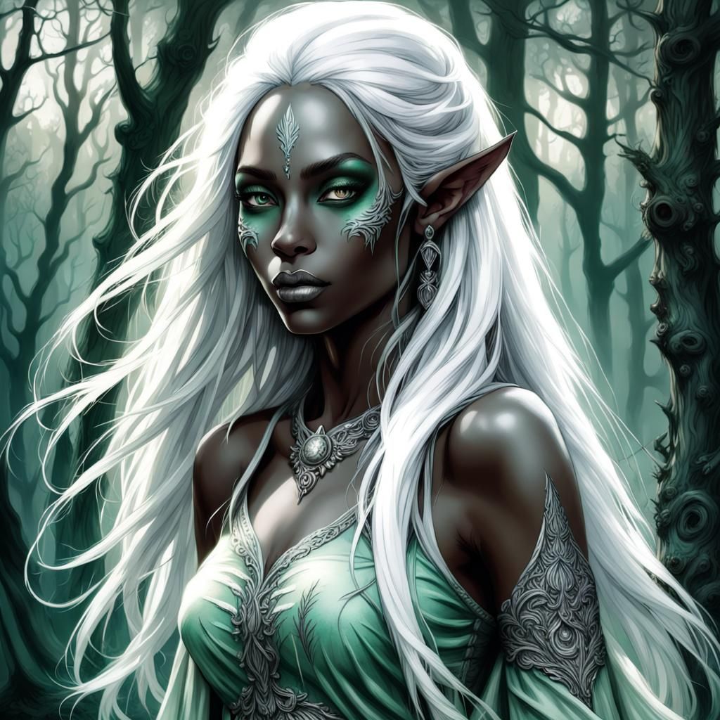 Gorgeous Dark Elf in Hyperdetailed Fantasy Forest