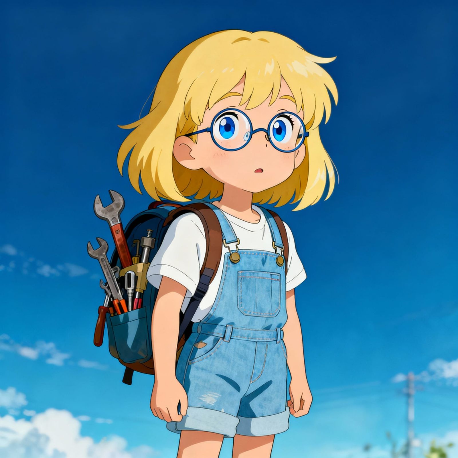 Anime Girl with Blonde Hair and Glasses in Overalls