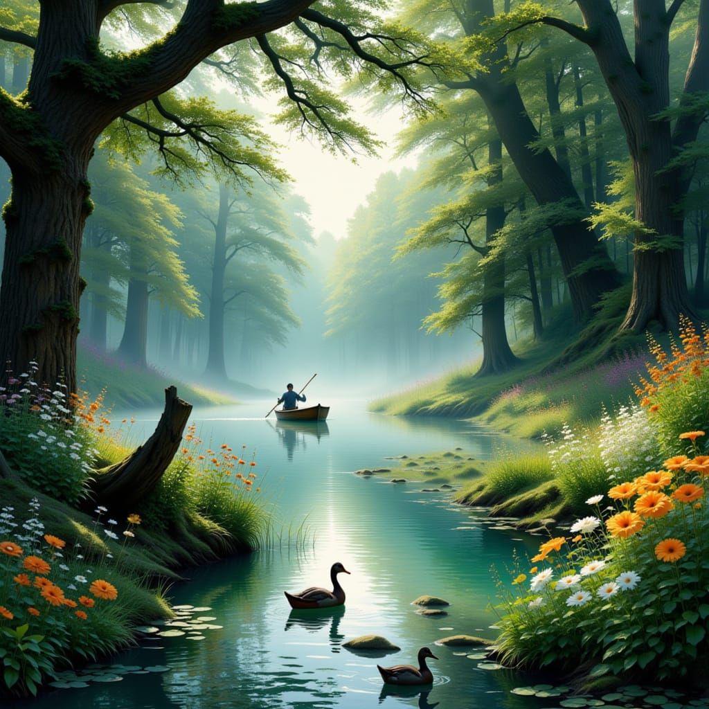 Misty Lake with Windflowers and Rowing Boat