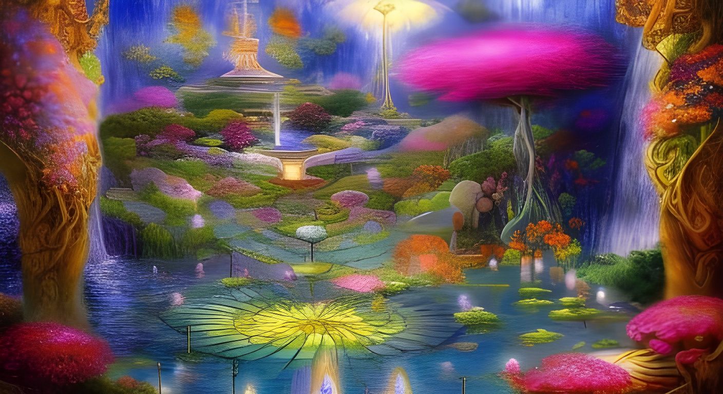 Zen Garden with Fountain in Watercolor Style