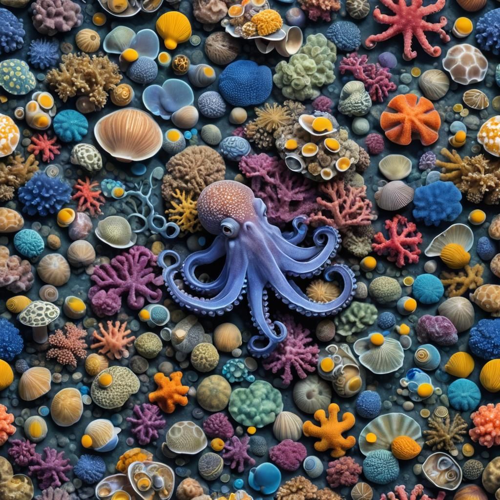 Colorful Coral Reef with Indigo Octopus