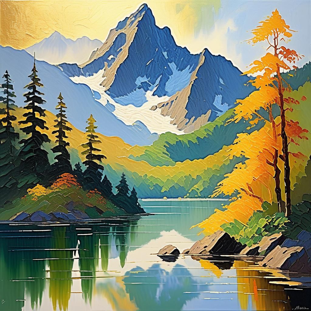 Mountain Lake Waterfall: Impressionist Gouache Painting