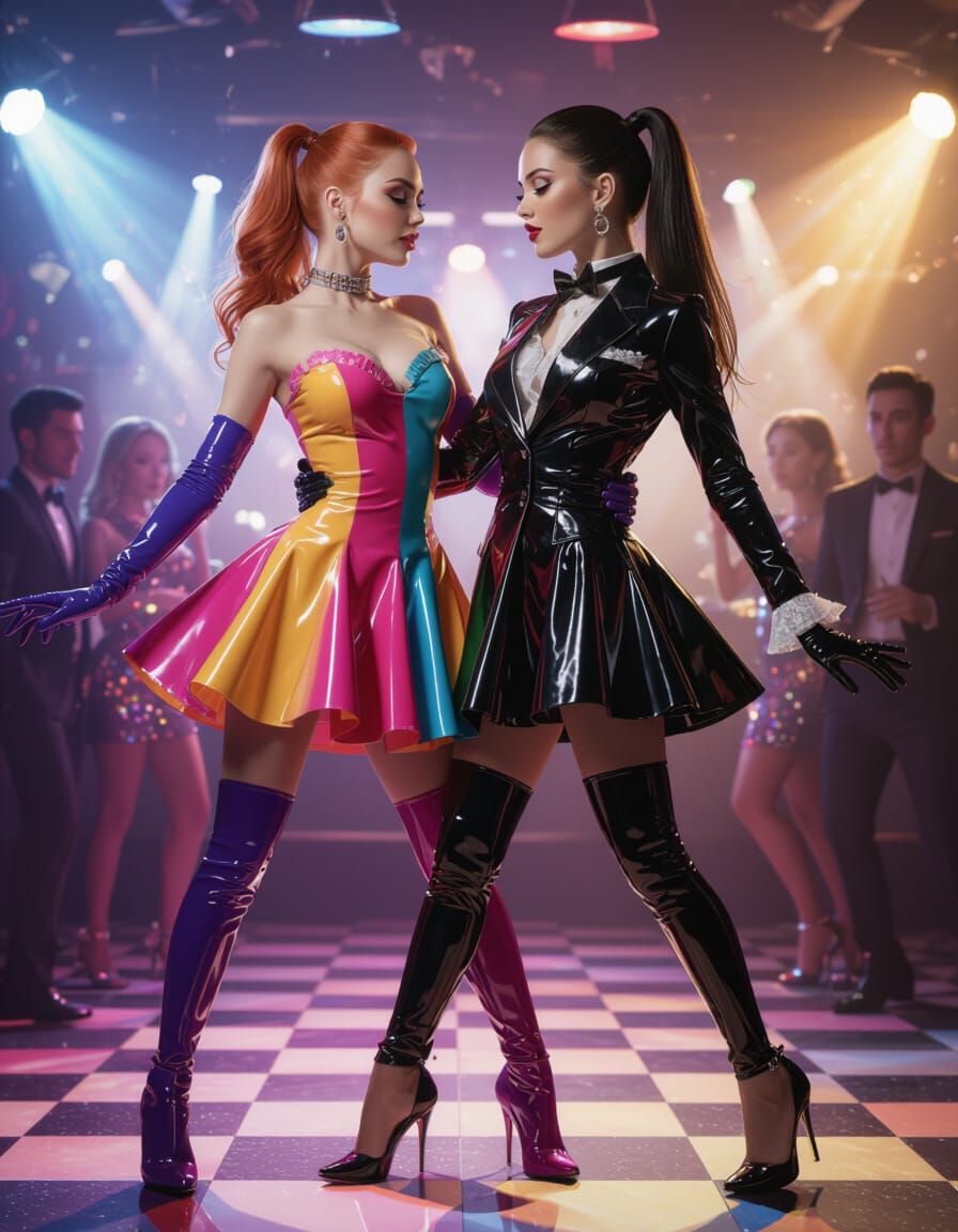 Two Women Dancing at Vibrant Disco Party in Shiny Latex