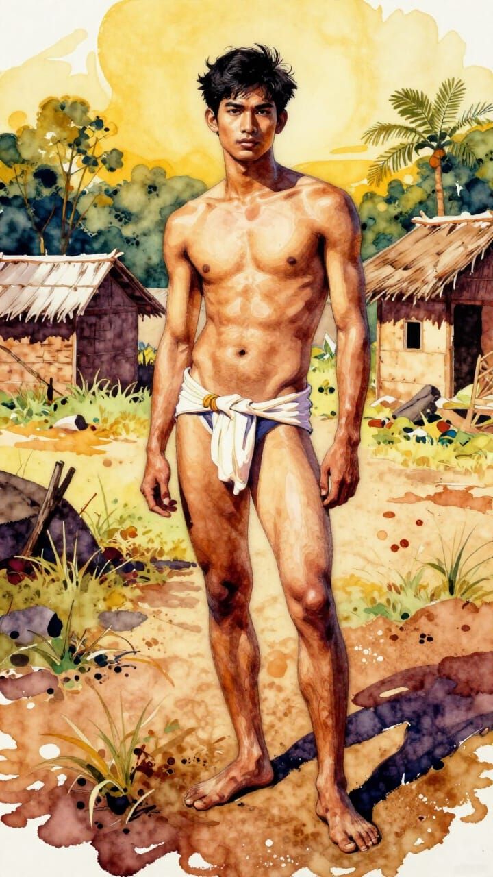 Vibrant Alcohol Ink Art of Man in Indian Village