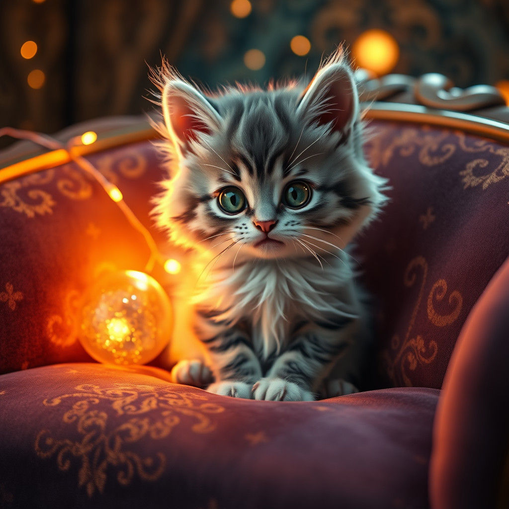 Adorable Kitten on Velvet Couch in Fantasy Art