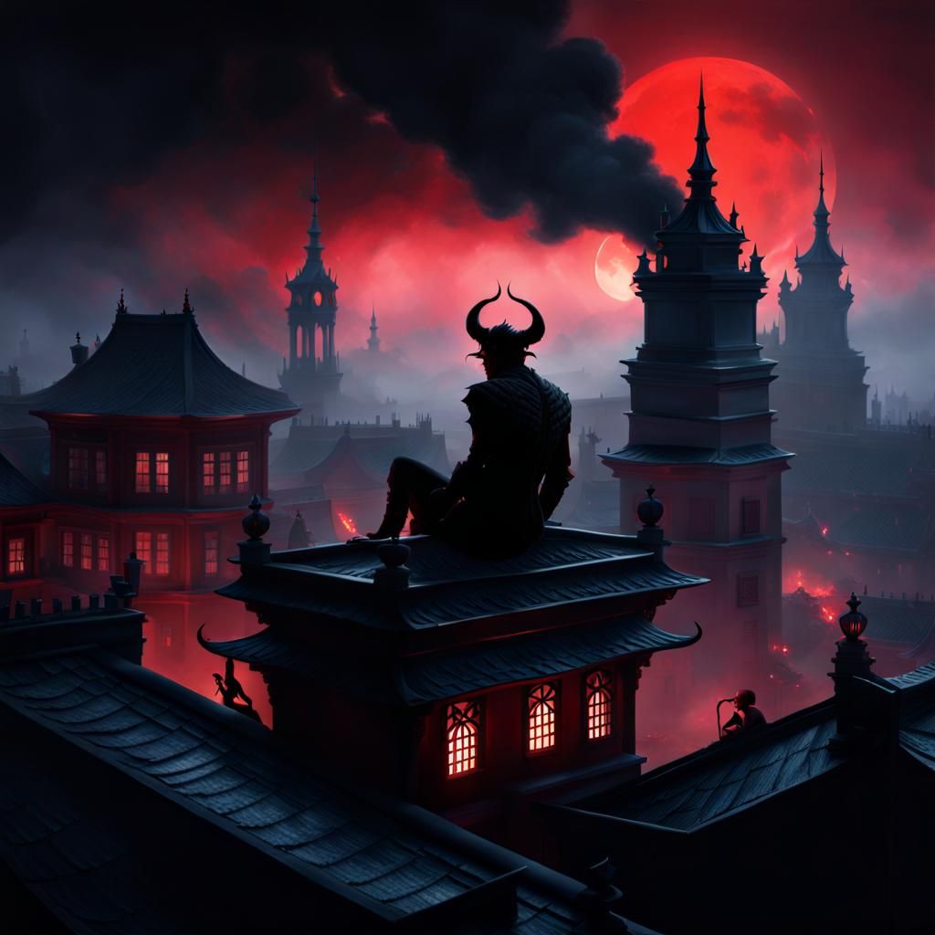 Demonic Silhouette Over Foggy Town: Fantasy Concept Art