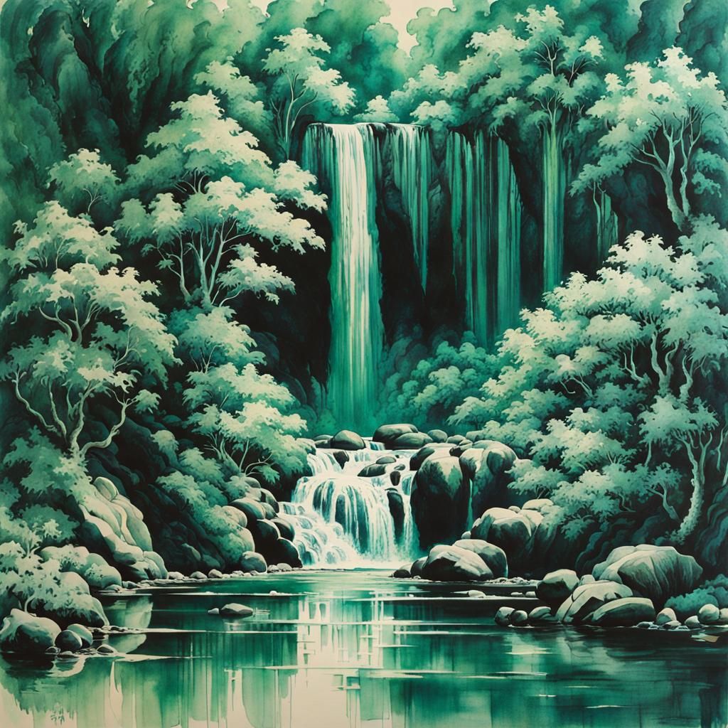 Viridian Waterfall Ink Wash Painting