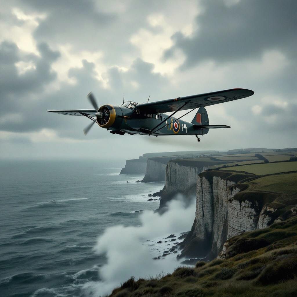 WWII Swordfish Biplane Over Cliffs of Dover