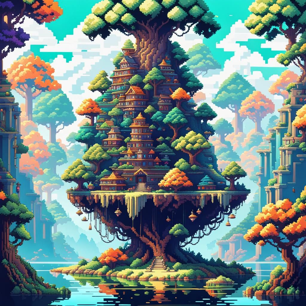 8-bit Pixel Art Floating Island with Tree