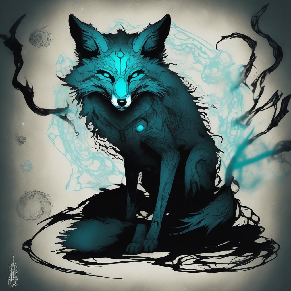 Mythic Fox in Dark Japanese Ink Art