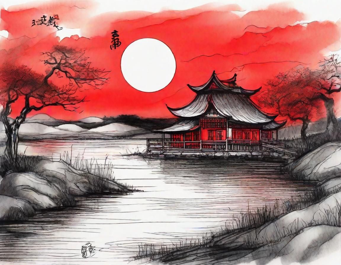 Chinese Cottage Ink Wash Scroll Art