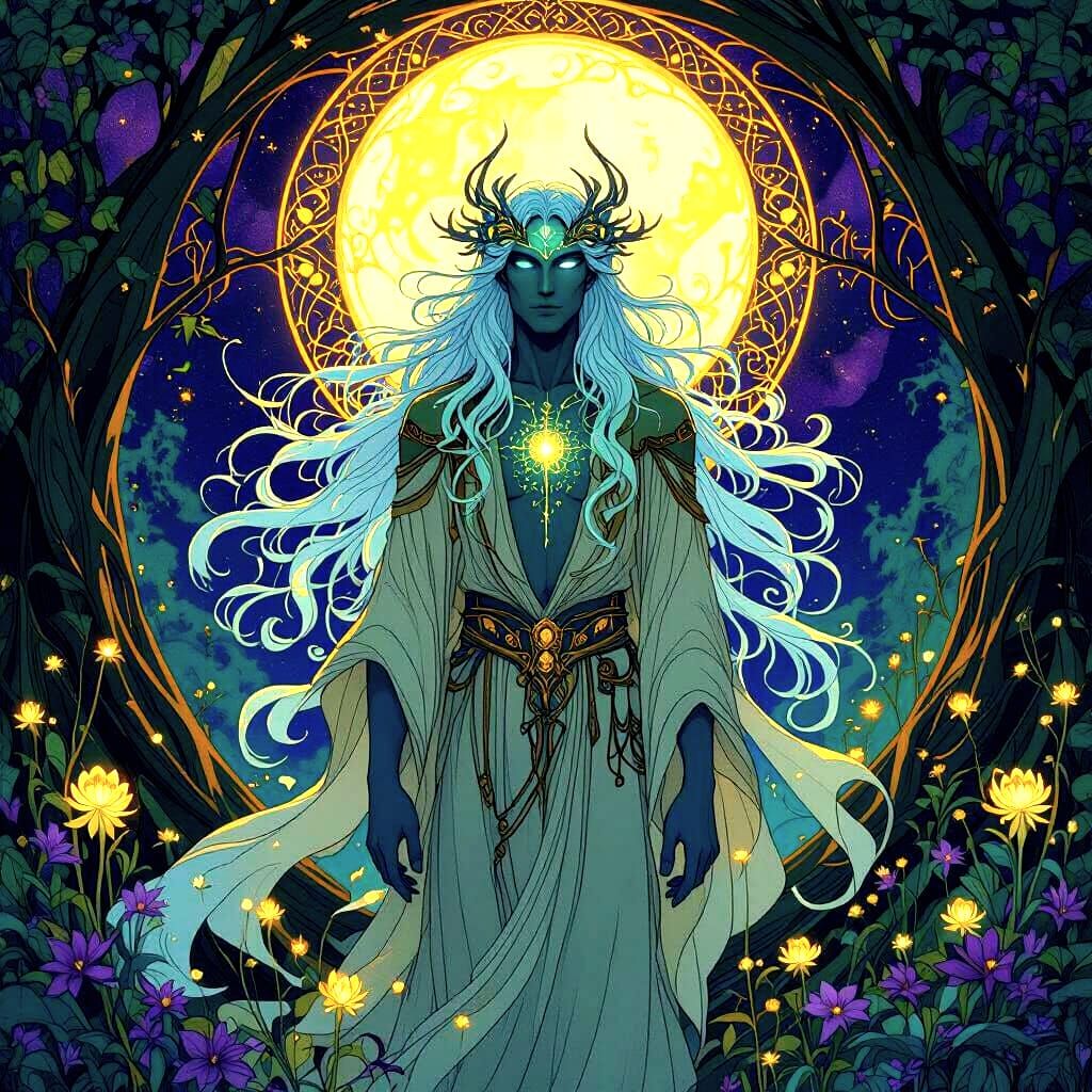 Cosmic Forest Spirit in Art Nouveau Style