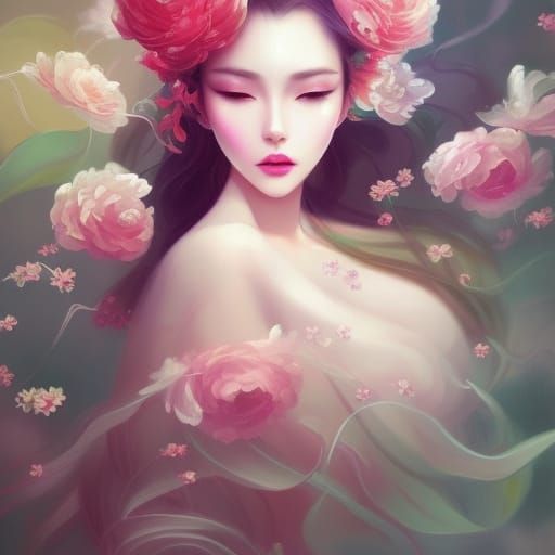 Beautiful Woman with Flowers, Digital Art Nouveau Painting