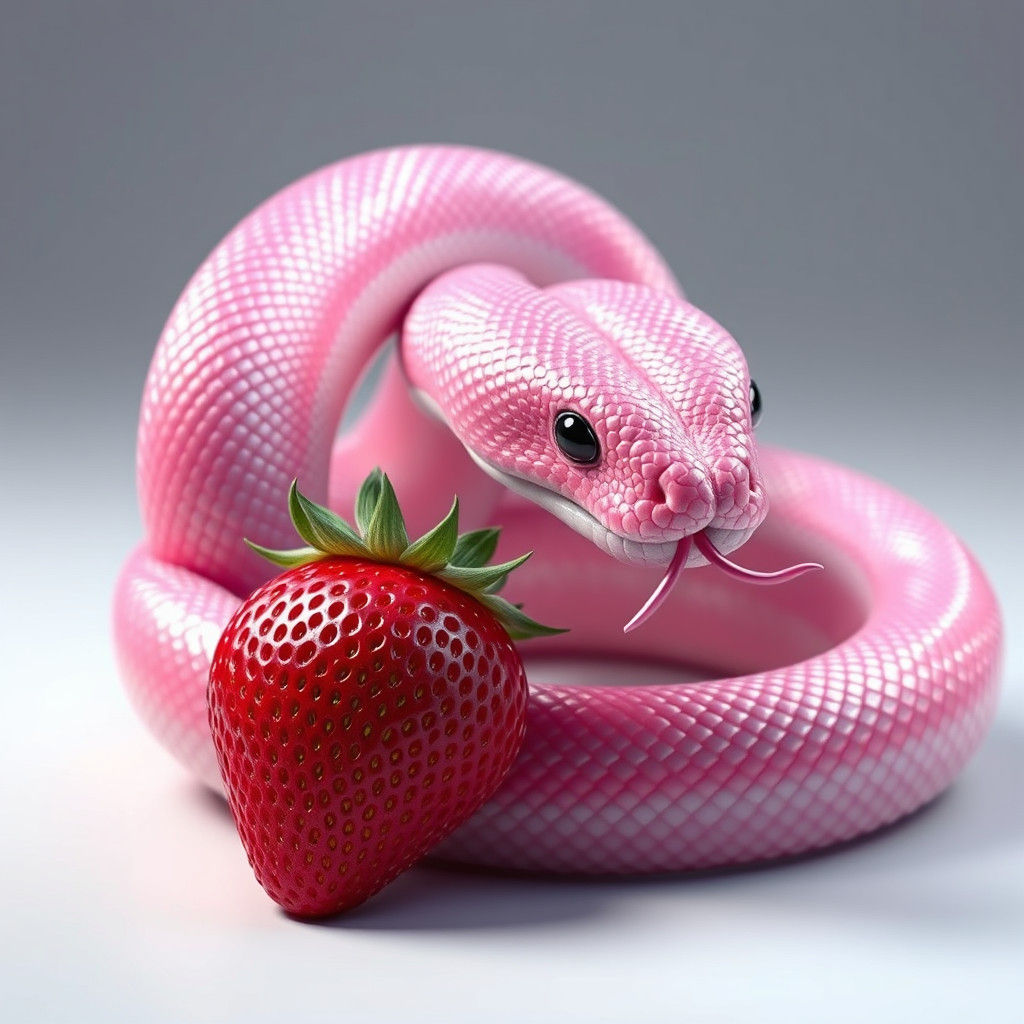 Hyper-Realistic Pink Snake Coiled Around Strawberry