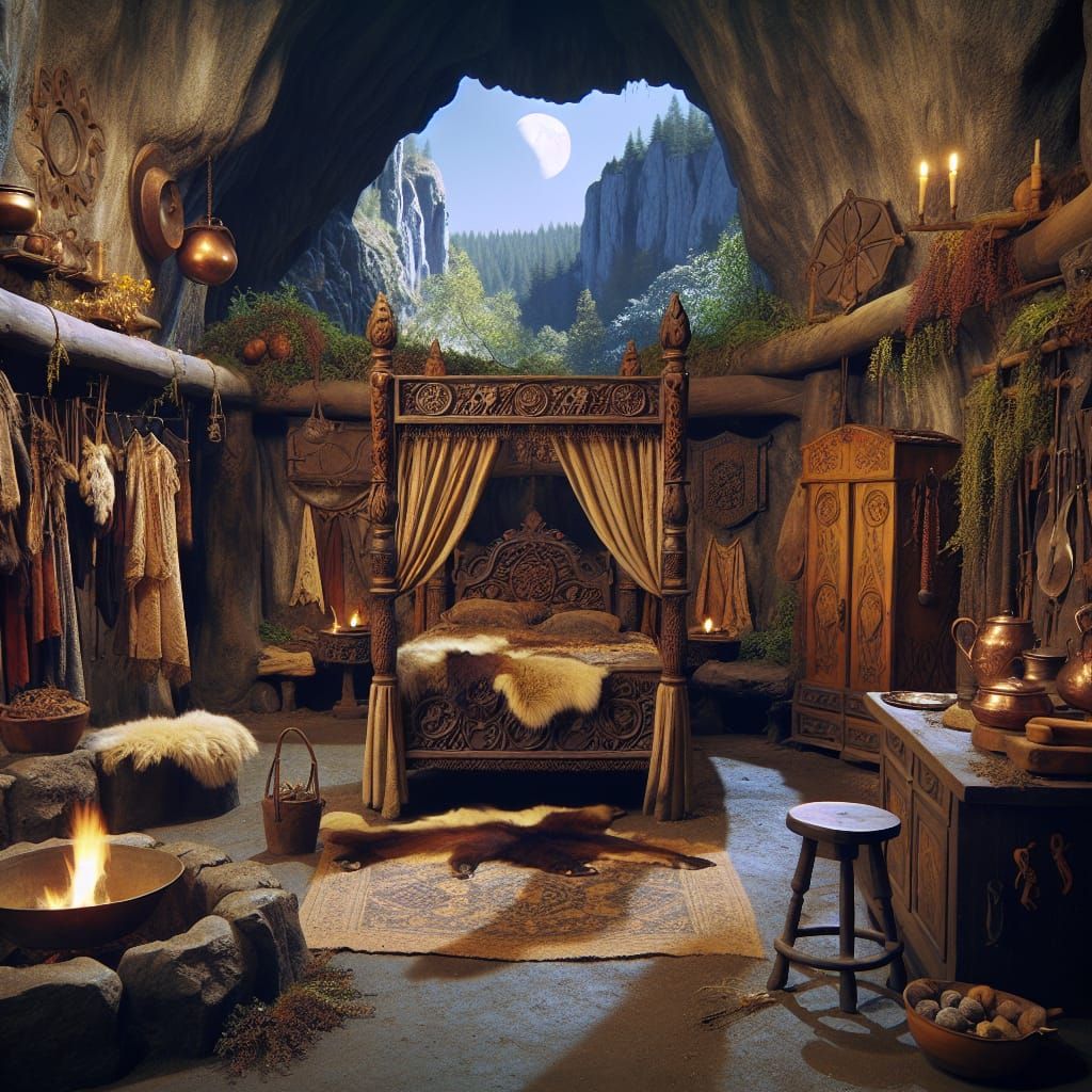 1970s Rustic Cave Interior with Moonlight View