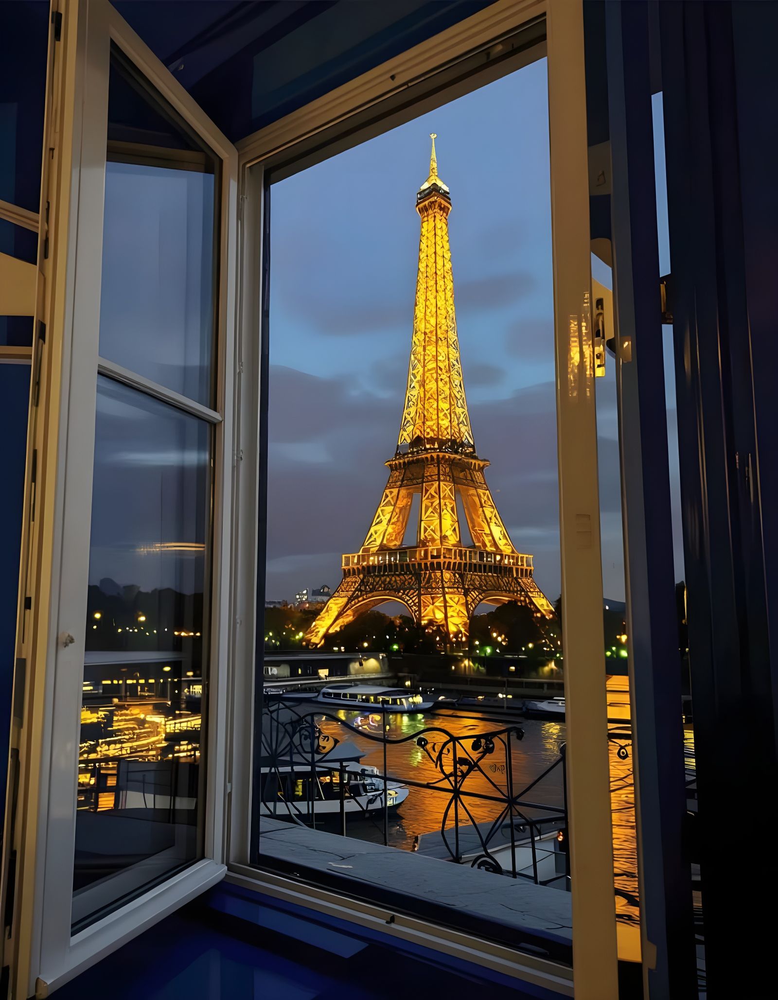 Eiffel Tower Night View Through Open Window