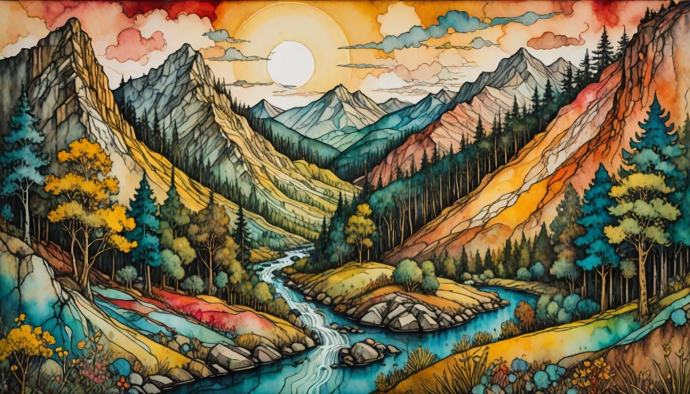 Whimsical Western Landscape in Watercolor Style