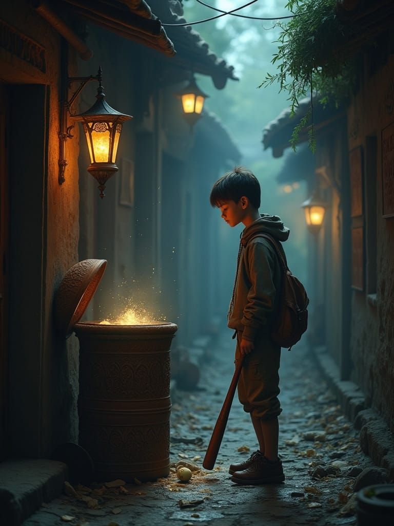 Young Man Stands in a Mystical Alleyway, Lost in Thought