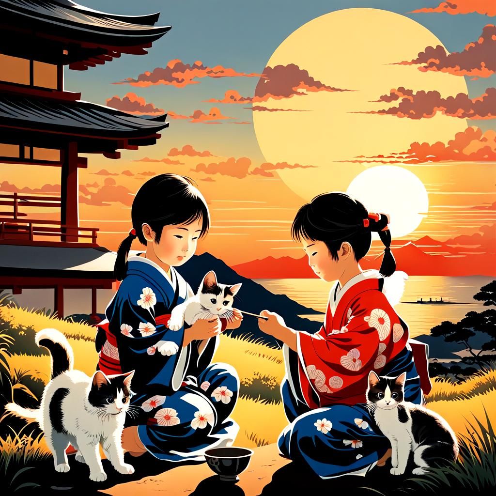 Japanese Children Play with Kitten in Ukiyo-e Style