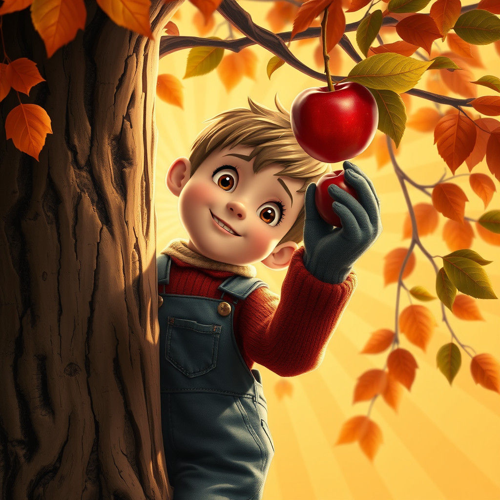 Boy Climbing Apple Tree in Autumnal Scene