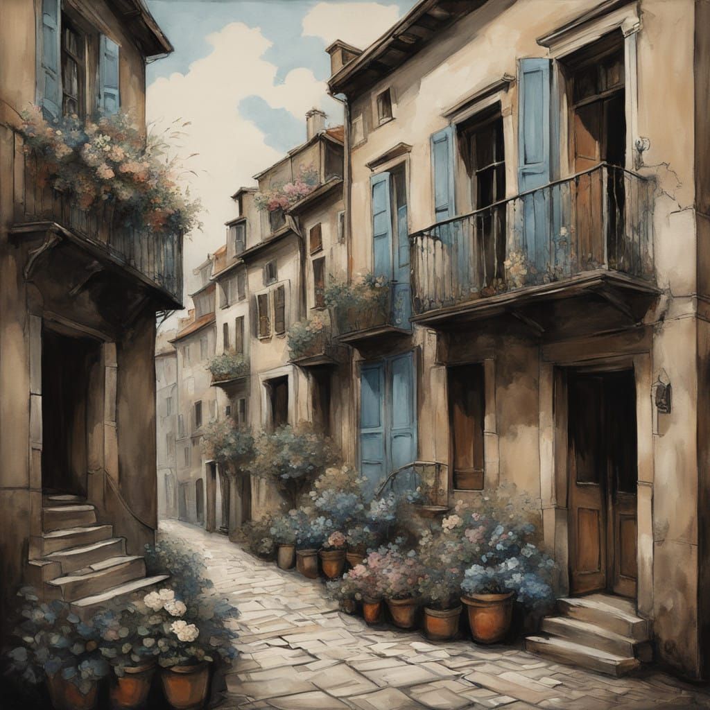 Whimsical Sepia Toned European Street Scene with Winding Sta...