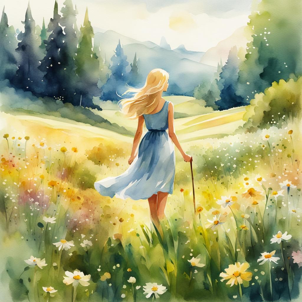 Girl in Flower Meadow Watercolor Illustration