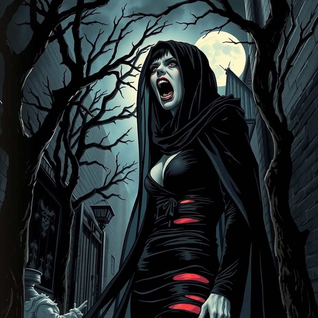 Eerie Veiled Woman Screaming in Noir Alleyway