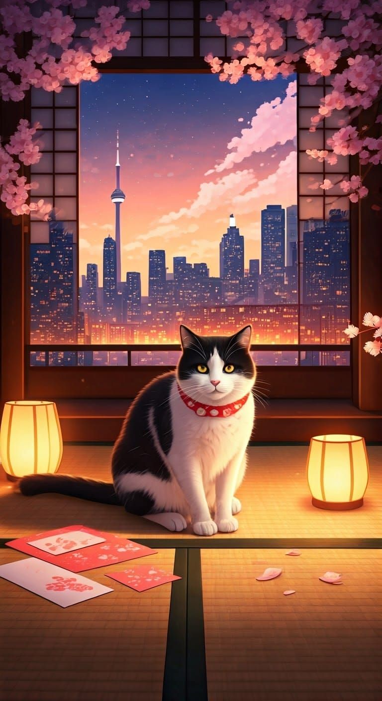Majestic Tuxedo Cat in Japanese Tatami Room with Cherry Blos...