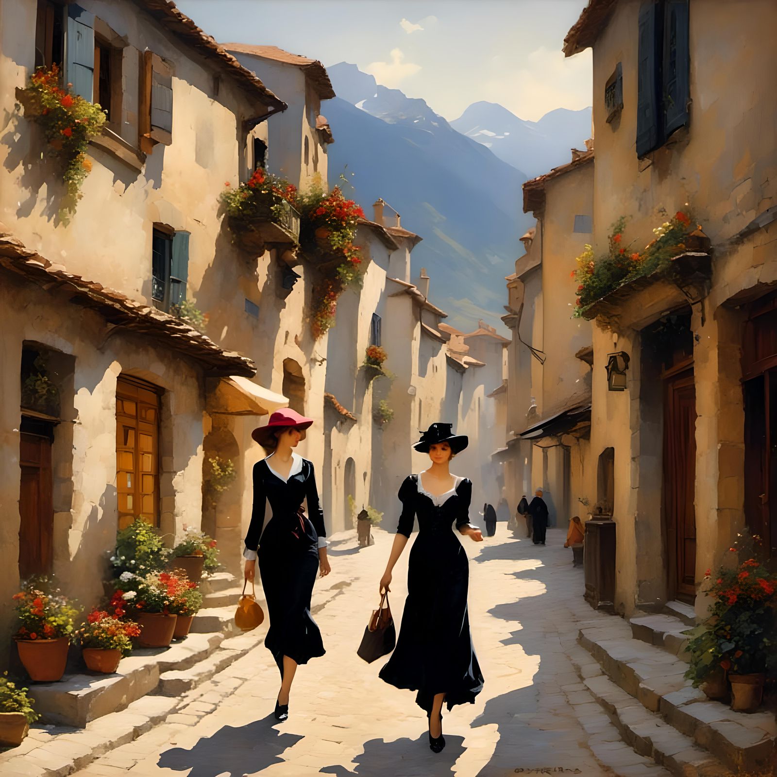 Woman on Cobblestone Street in Neo-Dutch Style