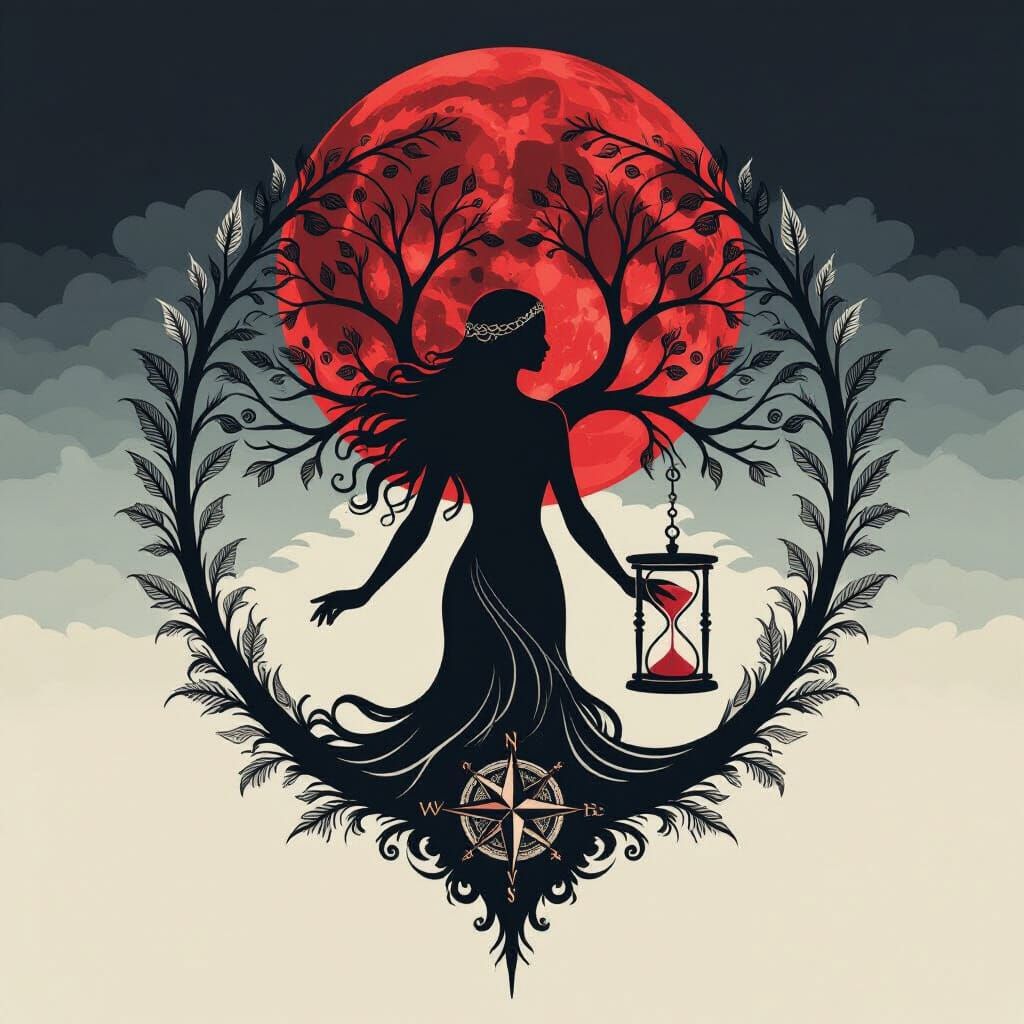 Human Tree Goddess Tattoo Logo with Blood Moon