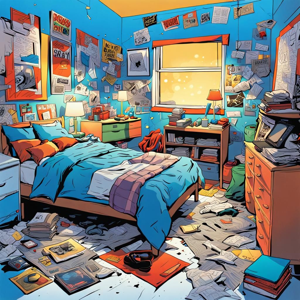 Cluttered Teenage Bedroom in Comic Book Style