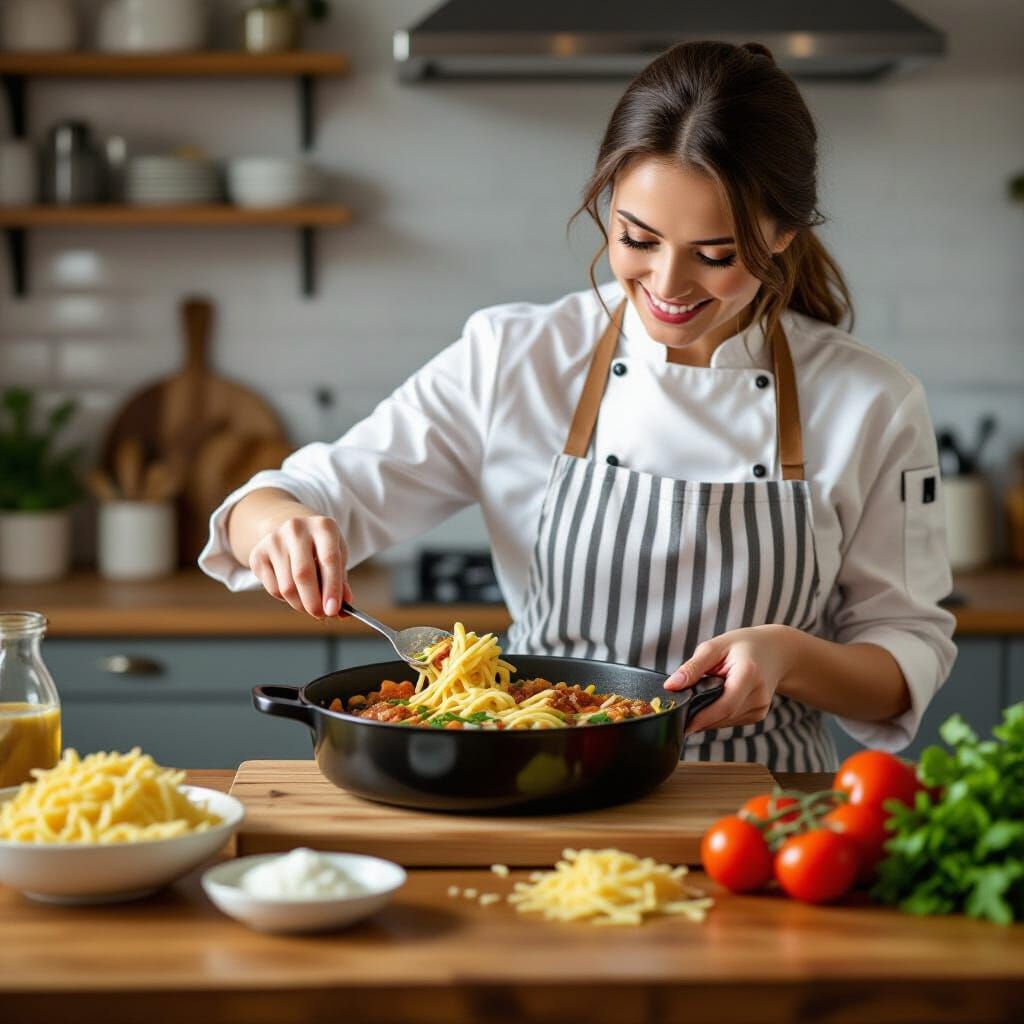 Gourmet Navy Pasta Cooking in Bright Kitchen
