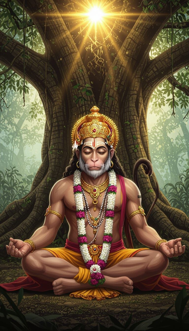 Hanuman Meditating Under Banyan Tree with Divine Light