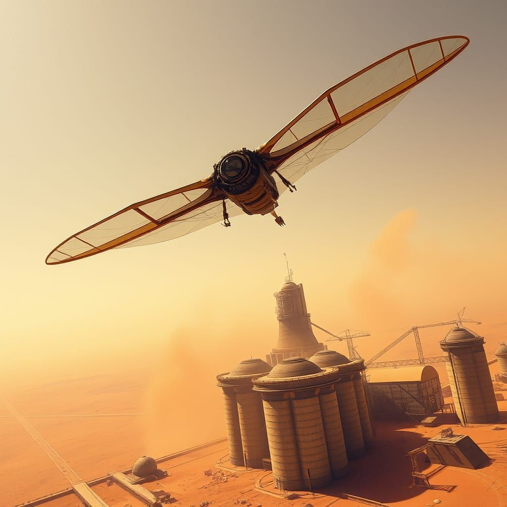 Ornithopter Soaring Over Arrakis Windtrap Plant