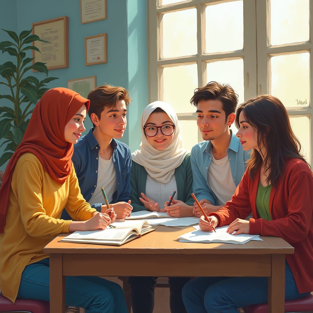 Diverse ESL Students Studying Together in a Classroom