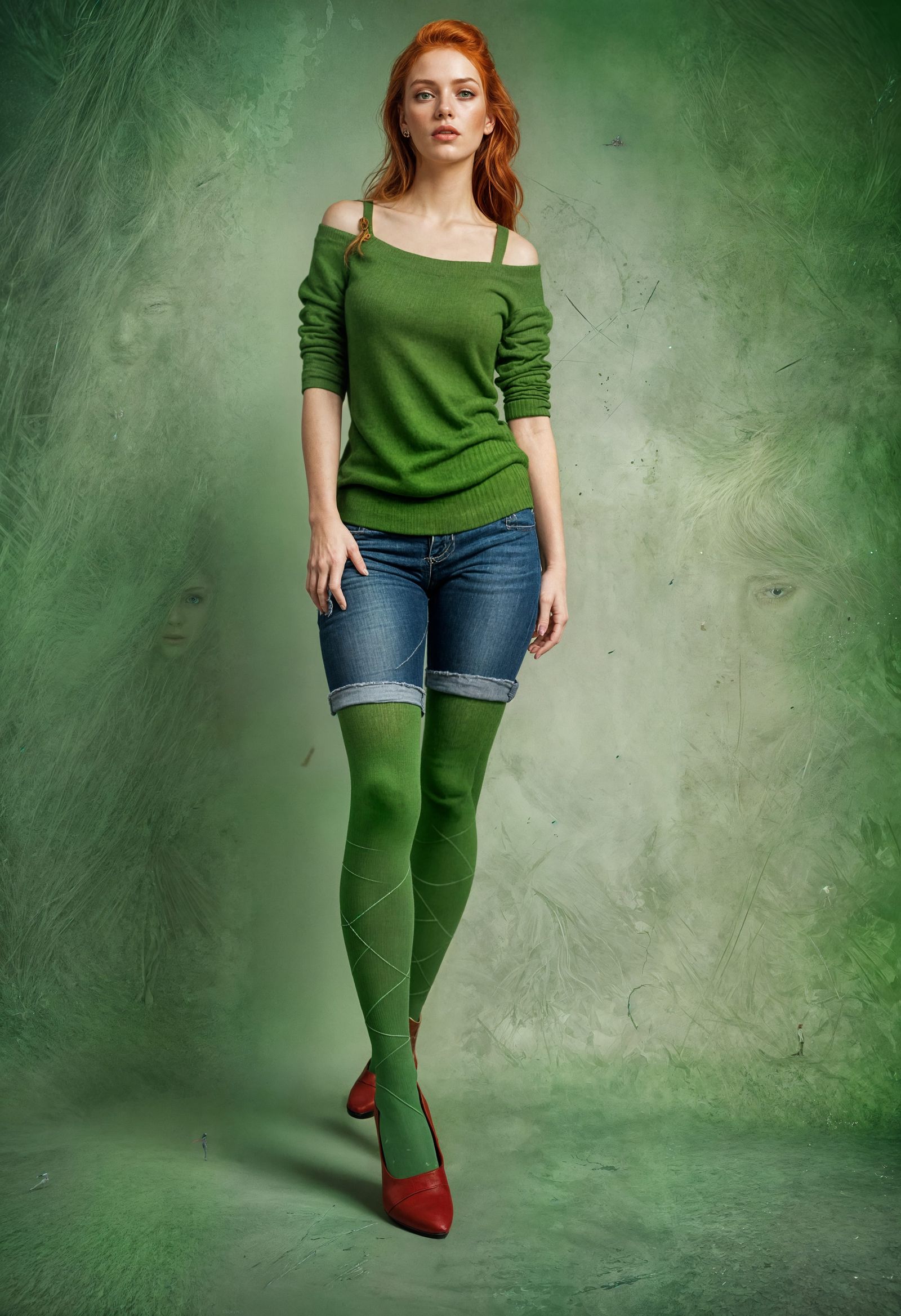 Glamorous Woman in Jean Shorts and Green Socks in a Digital....